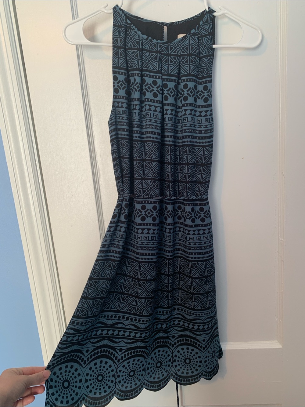 LOFT Sleeveless Midi Dress in Teal and Black Geometric Print